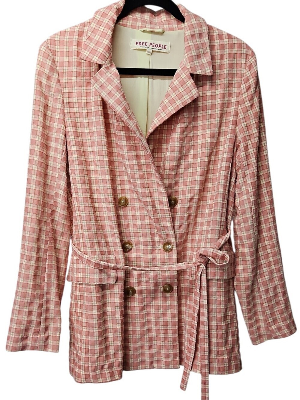 Free People Olivia Gingham Jacket Belted Pink Oversized Blazer Sz S Womens